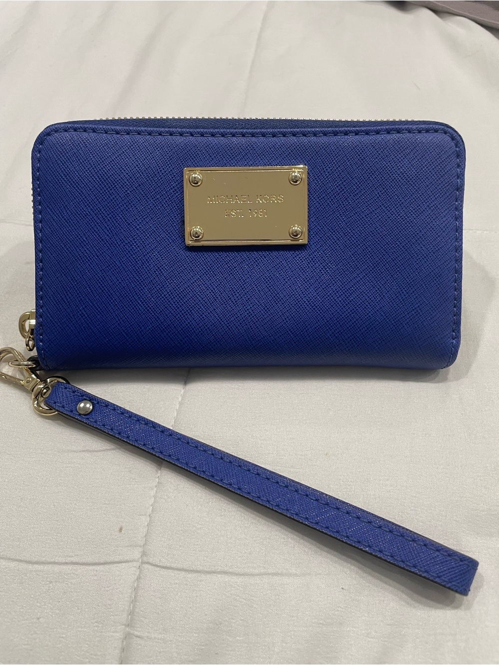 Michael Kors Royal Blue Saffiano Zip Wristlet with Gold Plate